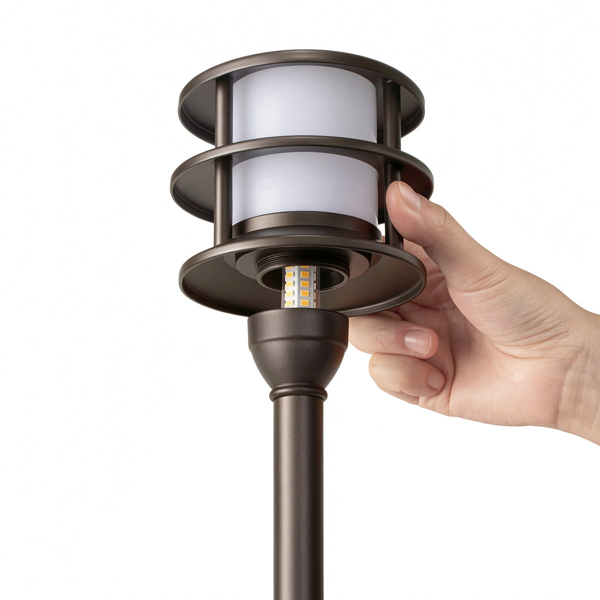 HIBOITEC Pagoda Path Light in oil rubbed bronze — three-tier shade lifted to access the G4 bulb
